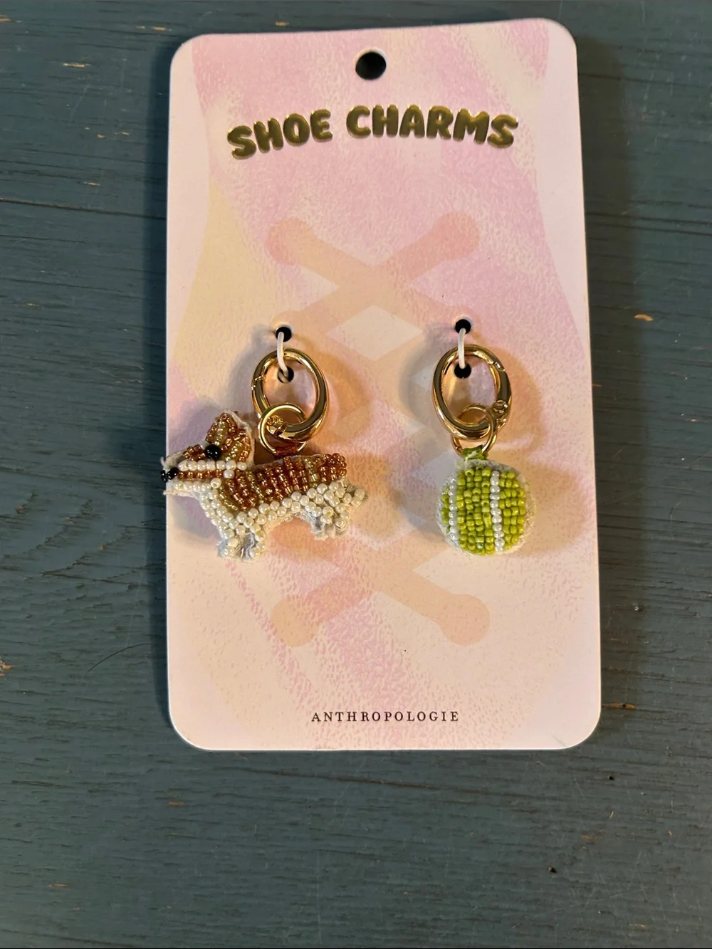 Anthropologie Kids Beaded Corgi & Tennis Ball Shoe Charms - White, Brown, Green